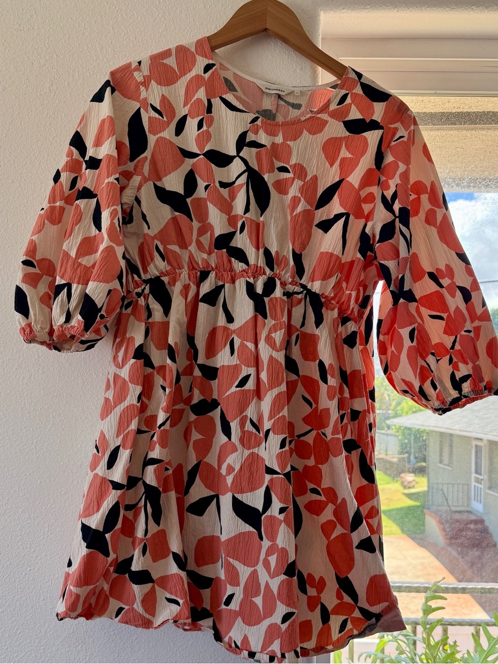 Marimekko Coral, Black and White Floral Puff-Sleeve Dress